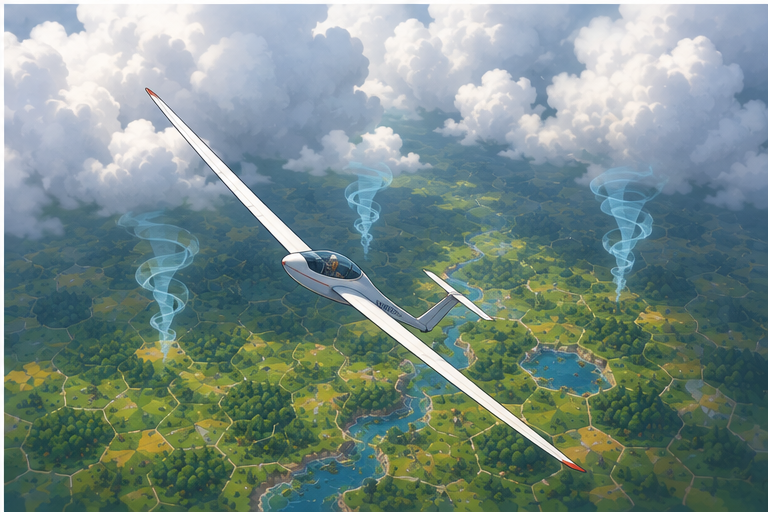 A stylised glider banking over a hex-based cross-country task