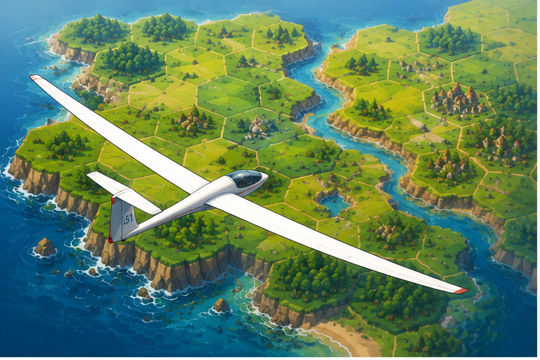 A stylised coastal hex task with a glider