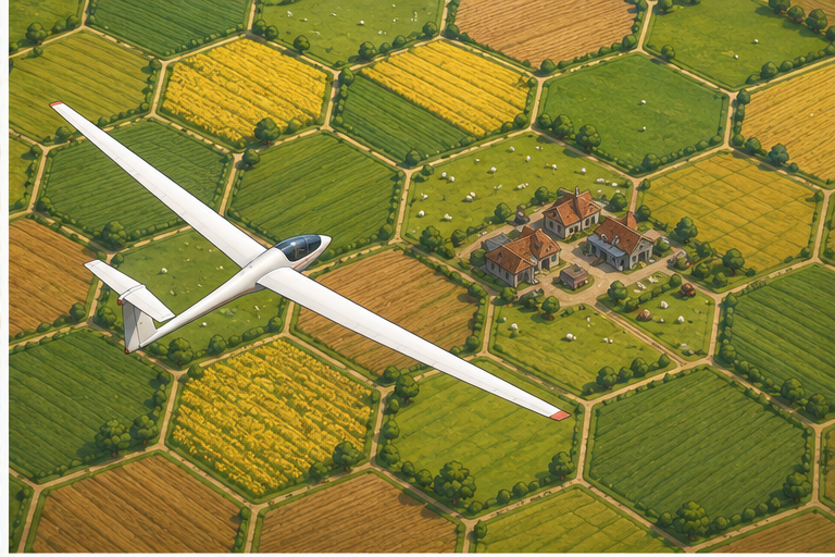 Stylised farmland hexes and a glider